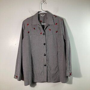 Womens Vintage Sanibel Sport Gingham Ladybug Button Shirt Long Sleeve Blck White